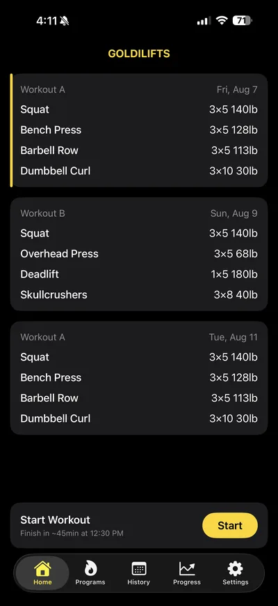Goldilifts Home screen showing the next Workout A with sets for Squat, Bench Press, and Barbell Row, and the Start button