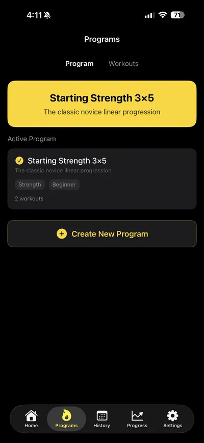 Goldilifts Programs screen with the Starting Strength 3×5 program and a Create New Program button