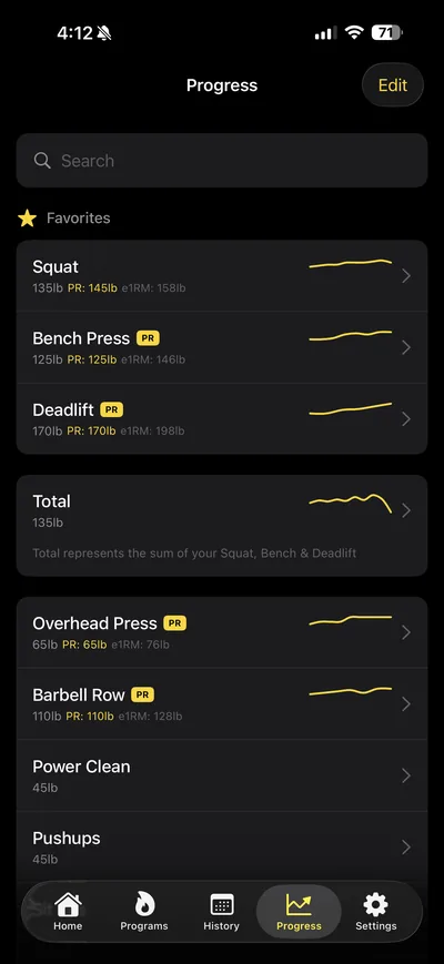 Goldilifts Progress screen with charts and personal records for Squat, Bench Press, and Deadlift