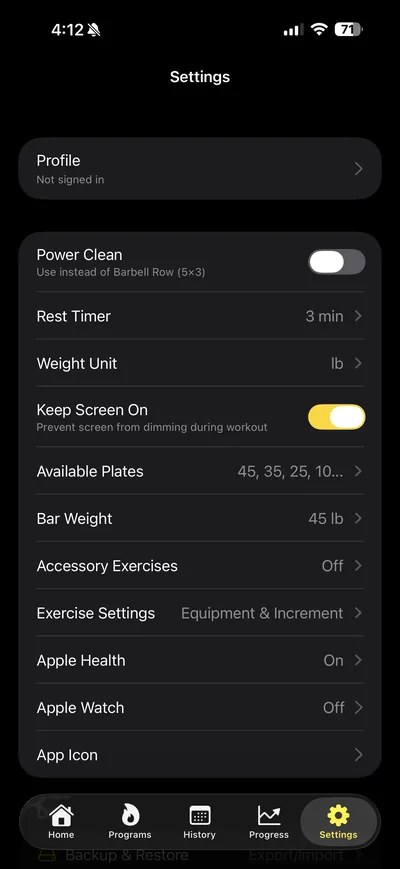 Goldilifts Settings screen with rest timer, weight unit, available plates, and Apple Health options